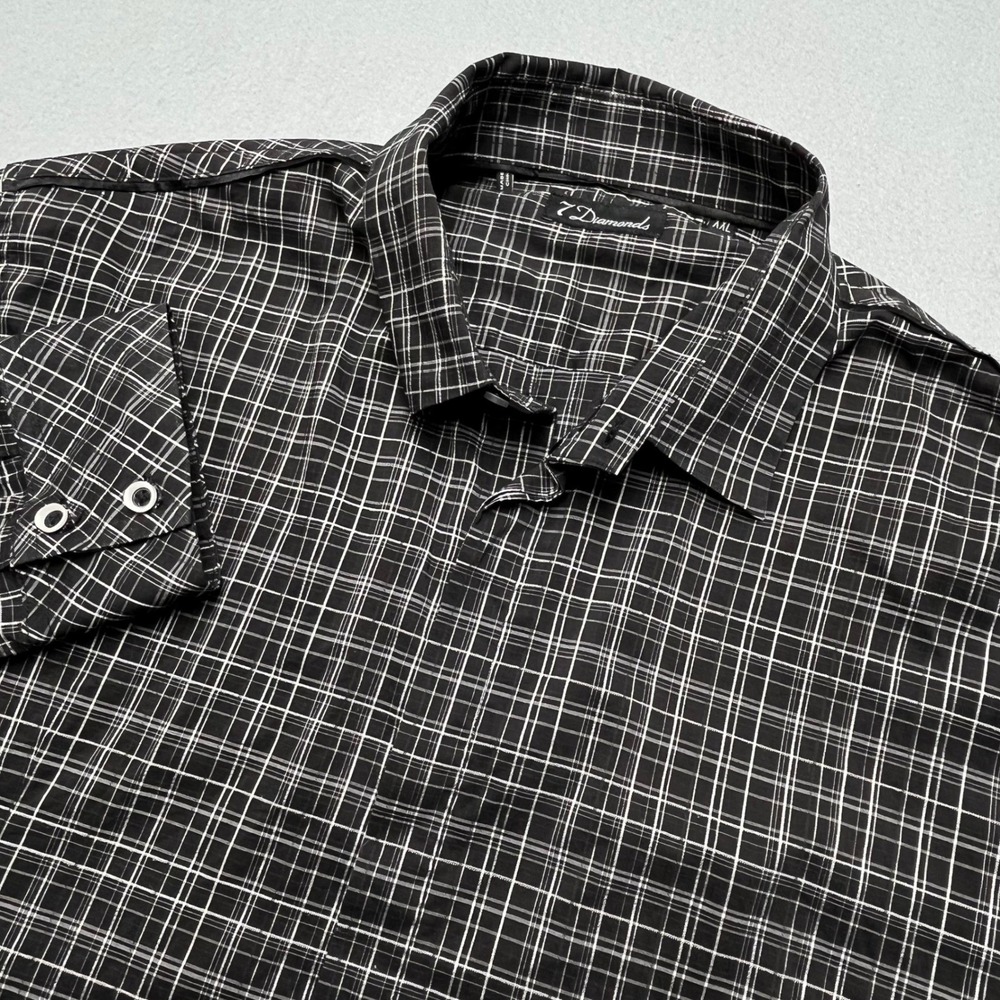 7 Diamonds Mens XXL Black White Grid Plaid Stretch Long Sleeve Button Down Shirt